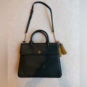 Tory Burch Beautiful Dark Green Leather Satchel. Gold Hardware & Mustard Tassels